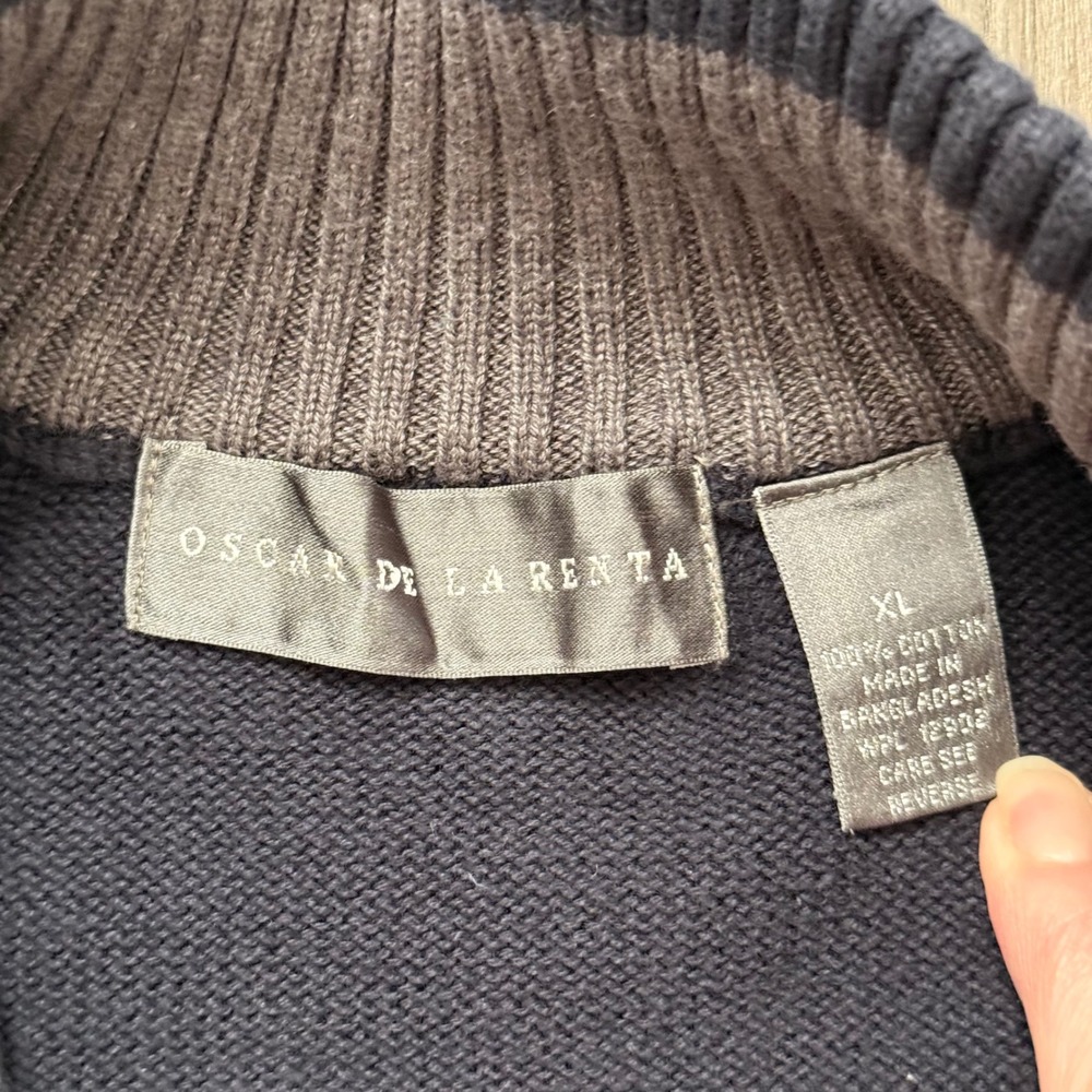 Oscar de la Renta Men's Quarter Zip Knit Sweater Dark Navy XL Ribbed Collar - Picture 4 of 6